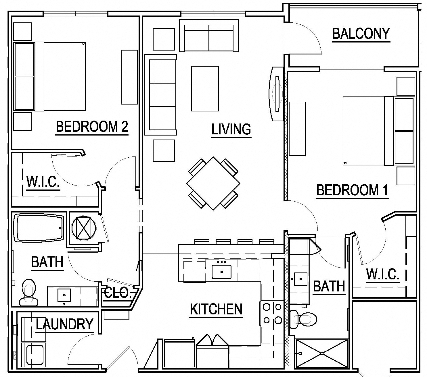 Floor plan for 2 beds, 2 baths, 1251 sqft